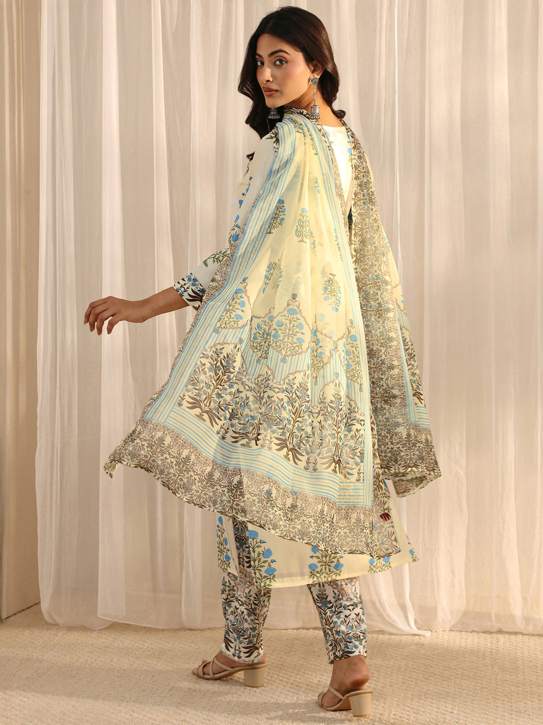 Off White Floral Printed Chanderi Silk Straight Suit Set With Dupatta