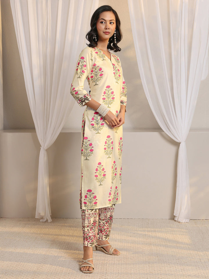 Off White Floral Printed Chanderi Silk Straight Suit Set With Dupatta