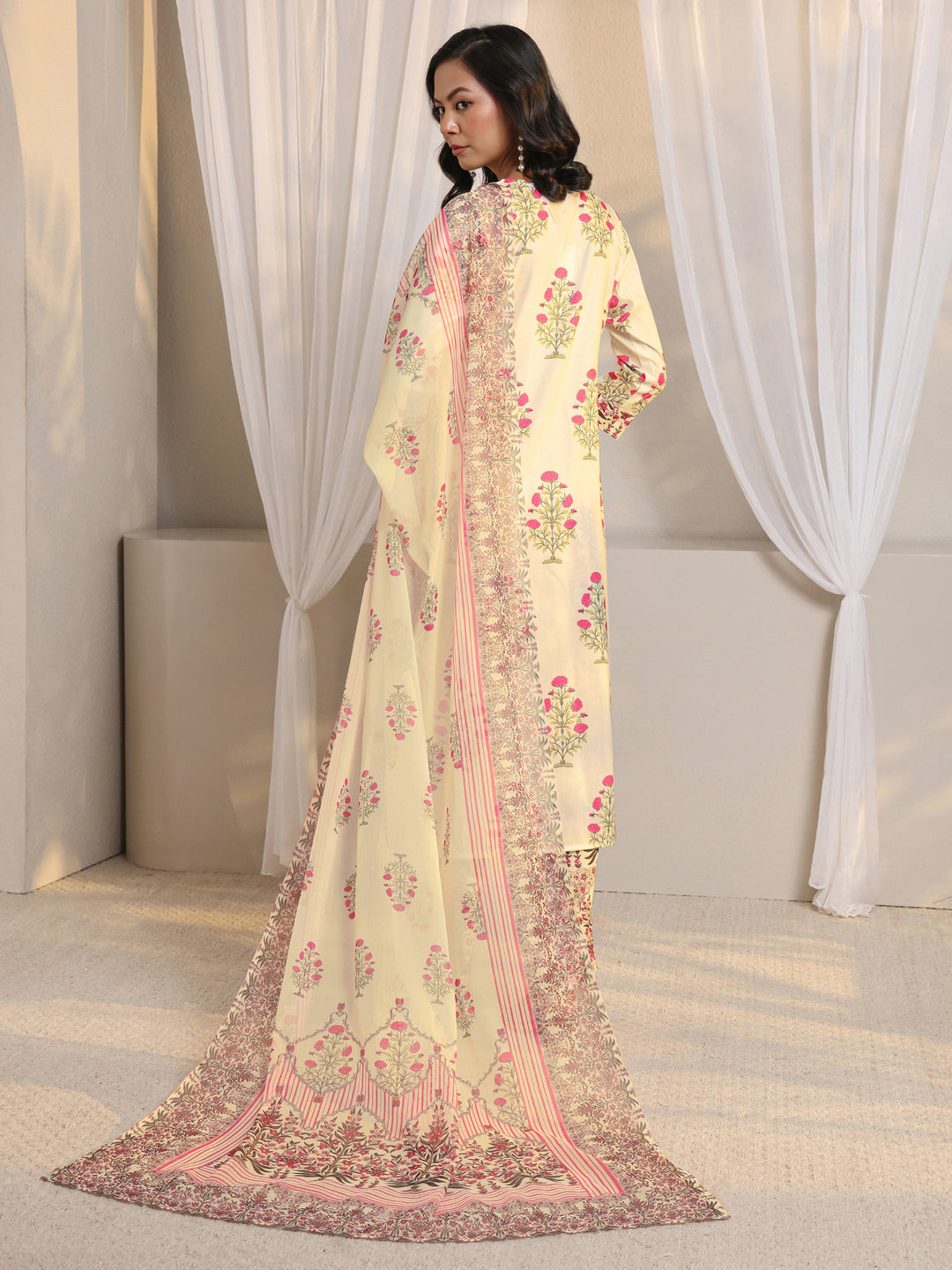 Off White Floral Printed Chanderi Silk Straight Suit Set With Dupatta