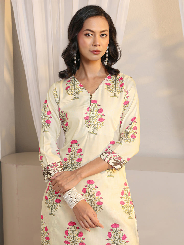 Off White Floral Printed Chanderi Silk Straight Suit Set With Dupatta