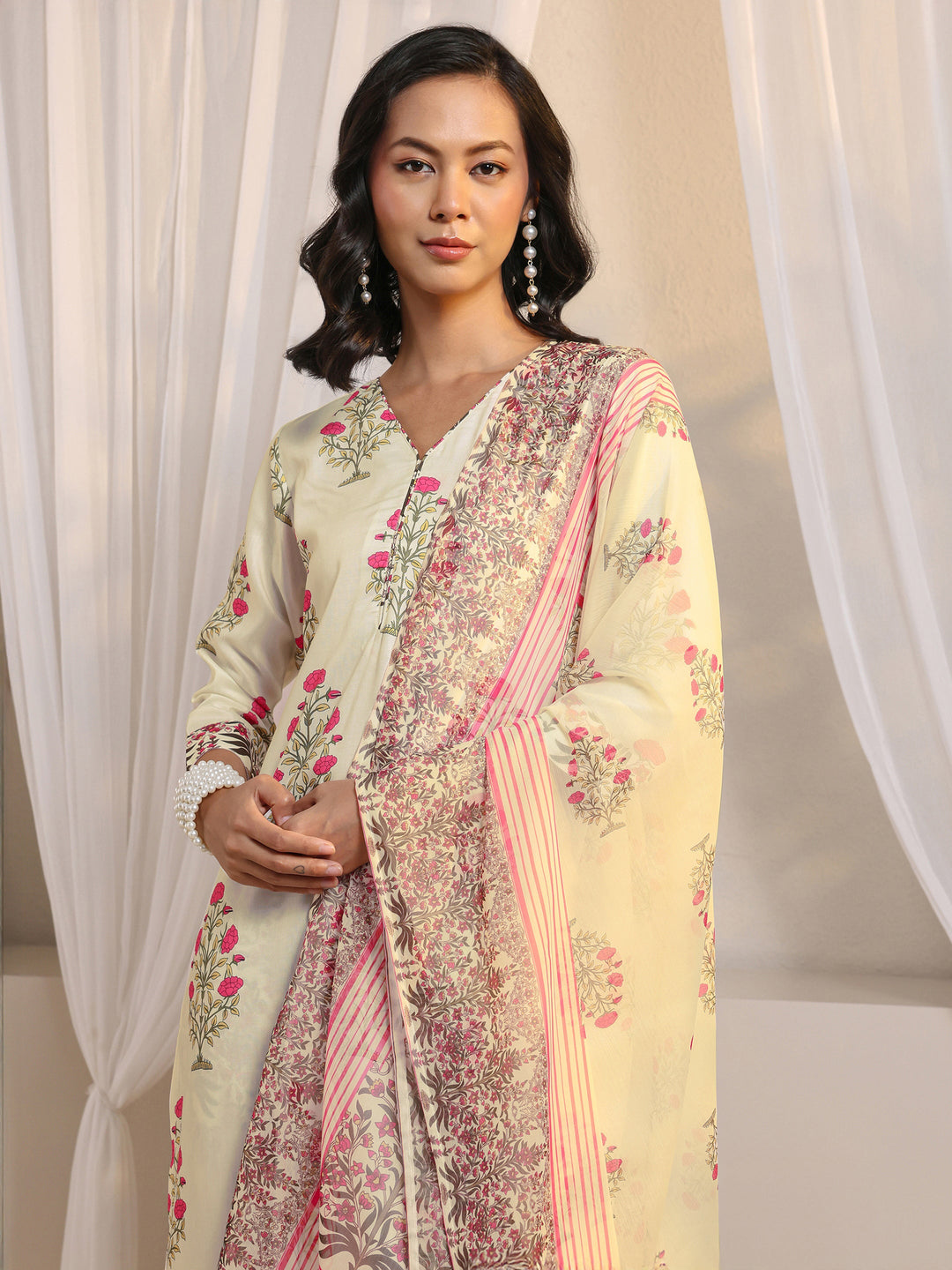 Off White Floral Printed Chanderi Silk Straight Suit Set With Dupatta
