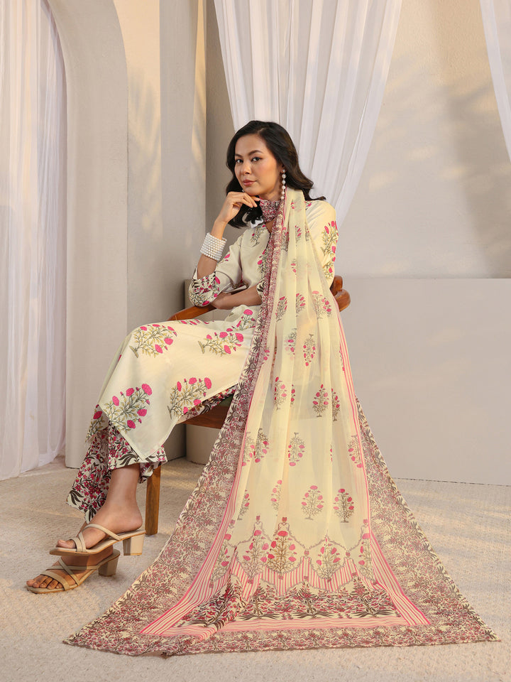 Off White Floral Printed Chanderi Silk Straight Suit Set With Dupatta