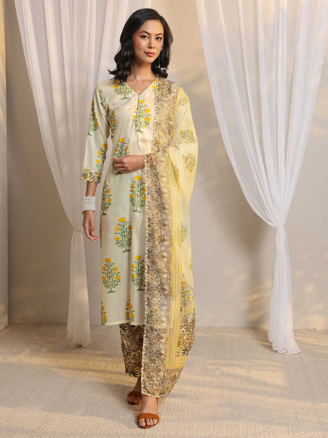 Off White Floral Printed Chanderi Silk Straight Suit Set With Dupatta