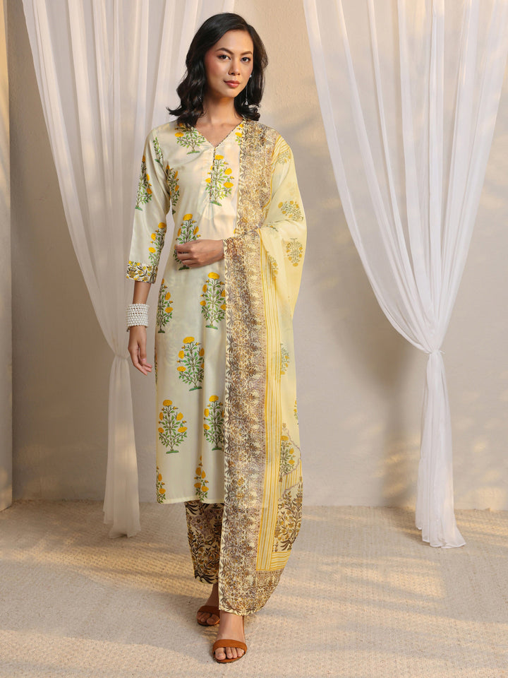 Off White Floral Printed Chanderi Silk Straight Suit Set With Dupatta