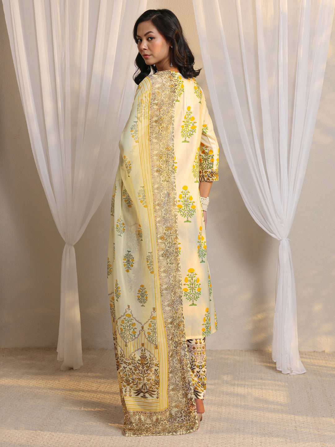 Off White Floral Printed Chanderi Silk Straight Suit Set With Dupatta