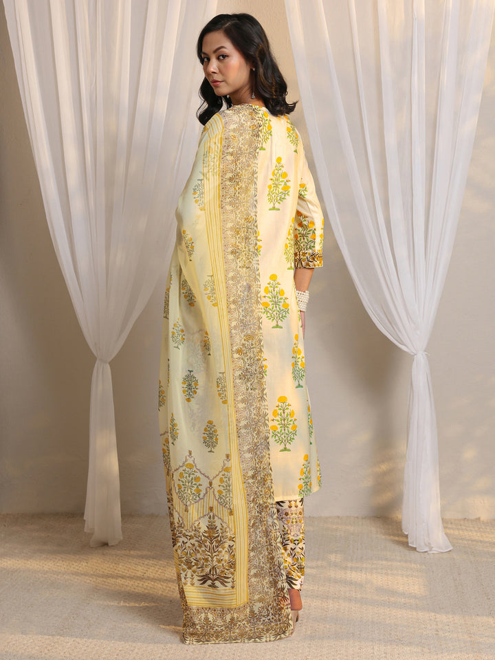 Off White Floral Printed Chanderi Silk Straight Suit Set With Dupatta