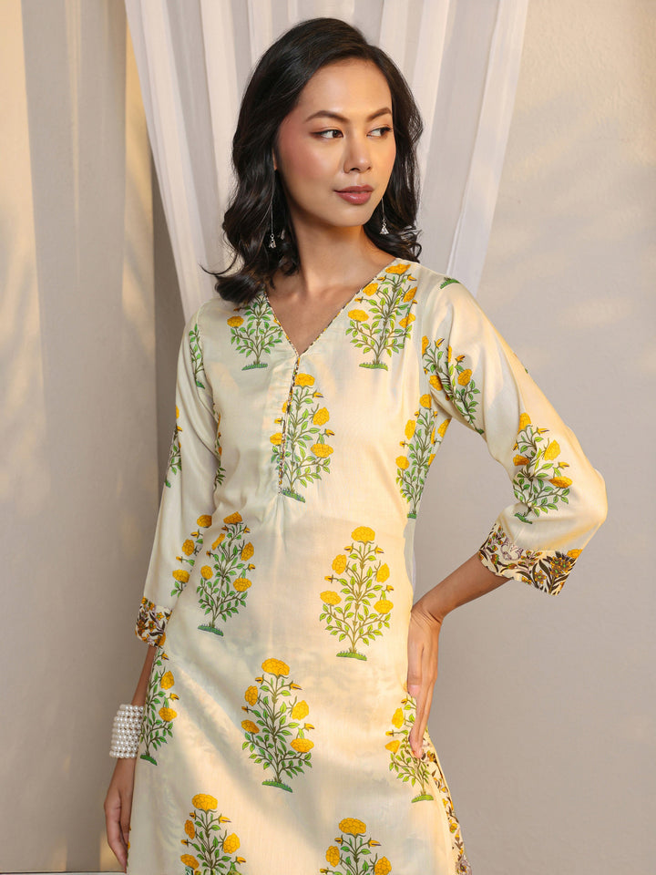 Off White Floral Printed Chanderi Silk Straight Suit Set With Dupatta