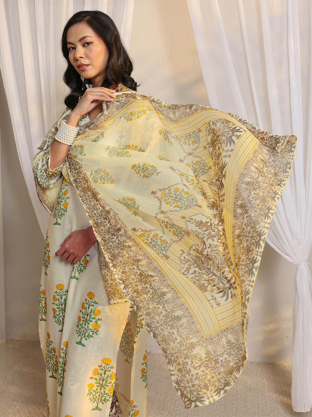 Off White Floral Printed Chanderi Silk Straight Suit Set With Dupatta