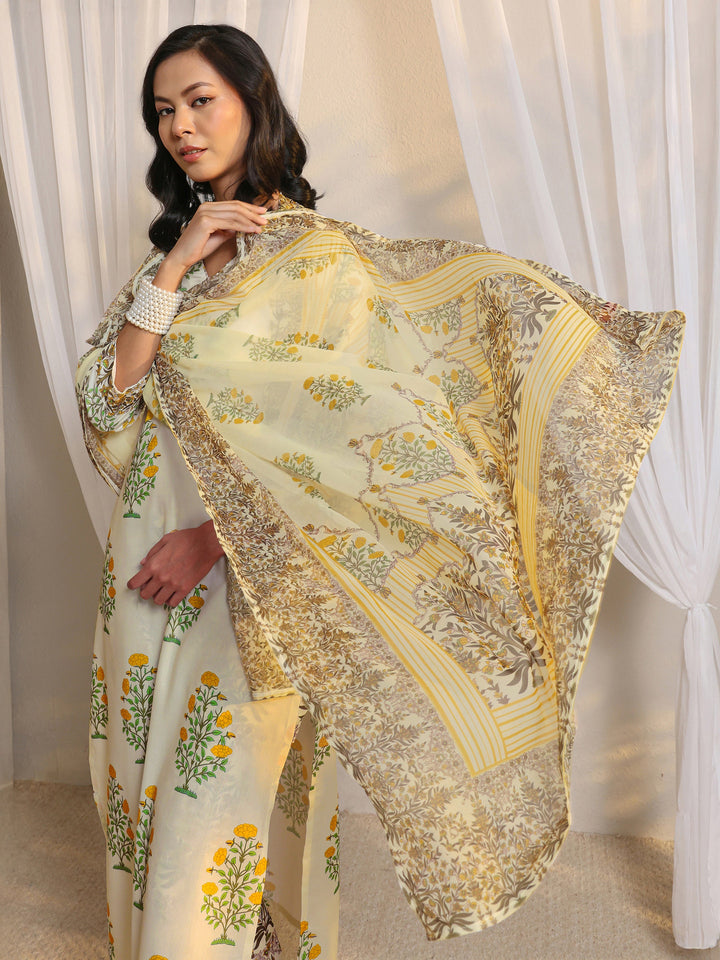 Off White Floral Printed Chanderi Silk Straight Suit Set With Dupatta