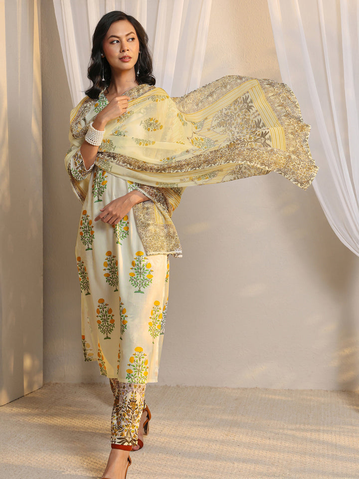 Off White Floral Printed Chanderi Silk Straight Suit Set With Dupatta