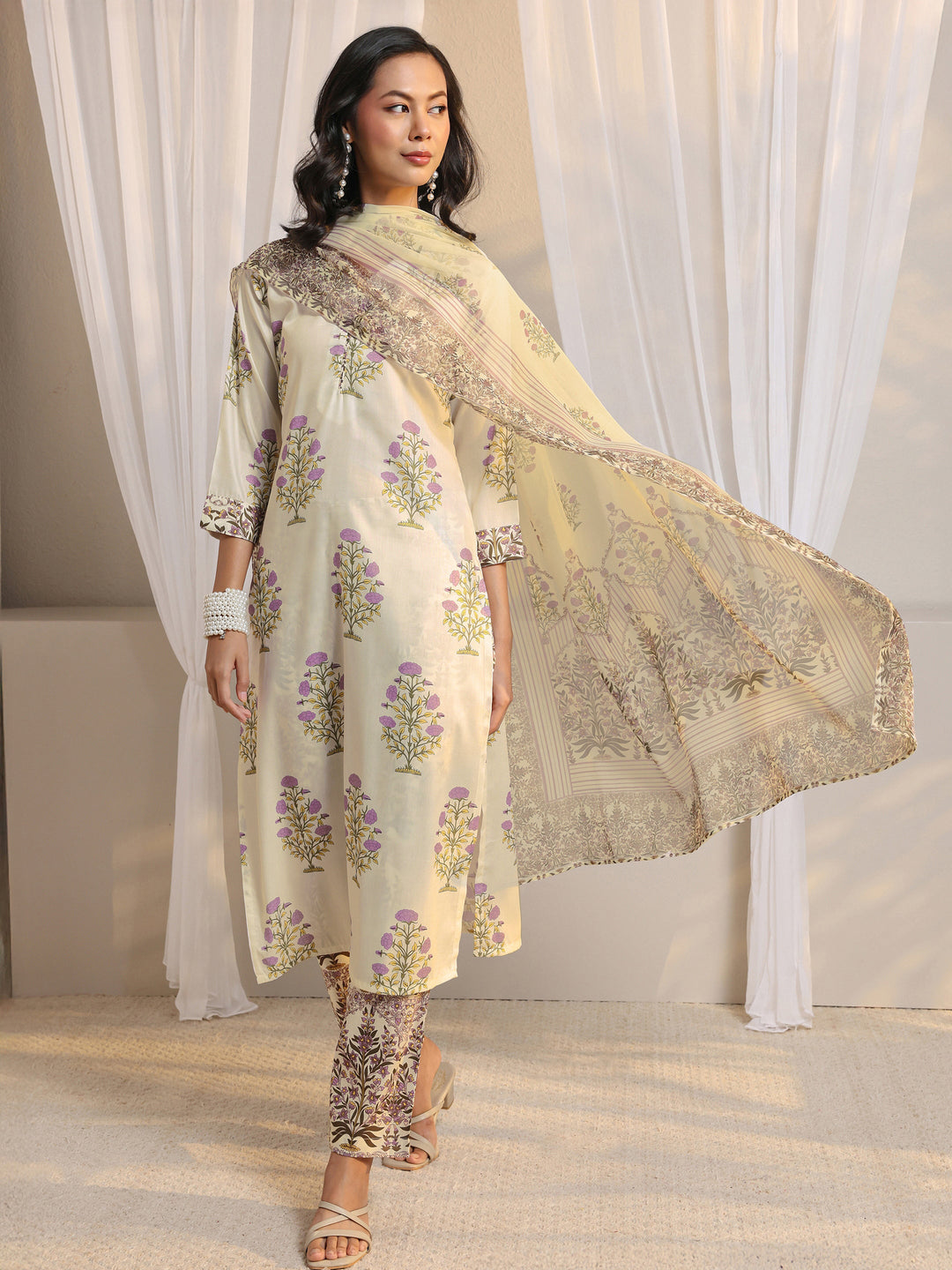 Off White Floral Printed Chanderi Silk Straight Suit Set With Dupatta