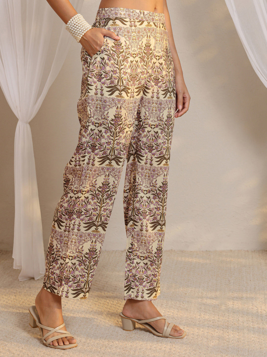 Off White Floral Printed Chanderi Silk Straight Suit Set With Dupatta