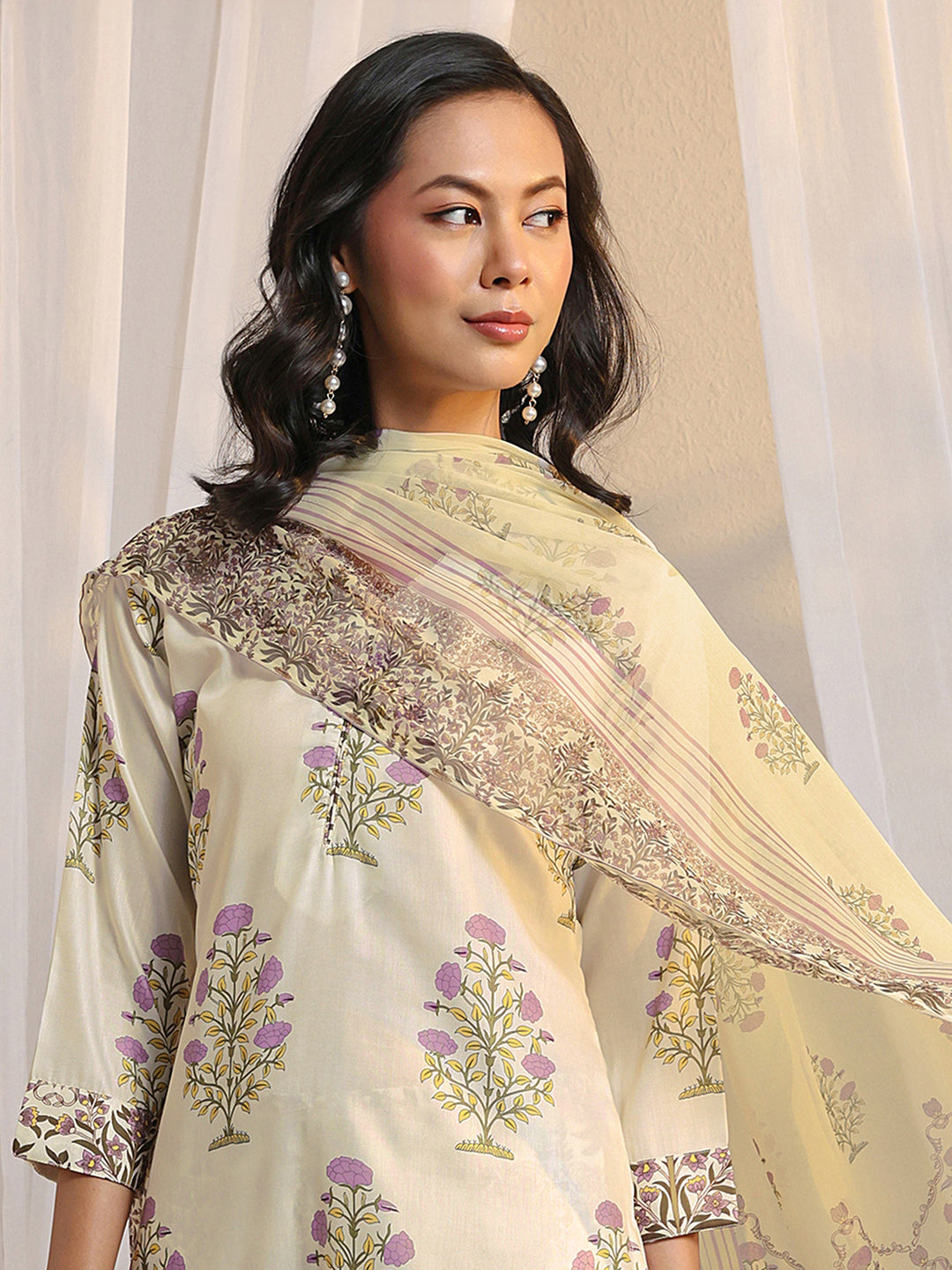 Off White Floral Printed Chanderi Silk Straight Suit Set With Dupatta