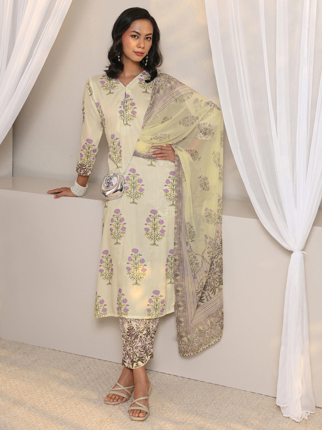 Off White Floral Printed Chanderi Silk Straight Suit Set With Dupatta