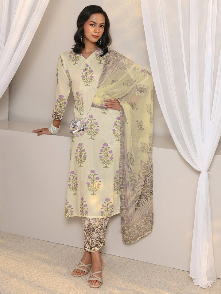 Off White Floral Printed Chanderi Silk Straight Suit Set With Dupatta