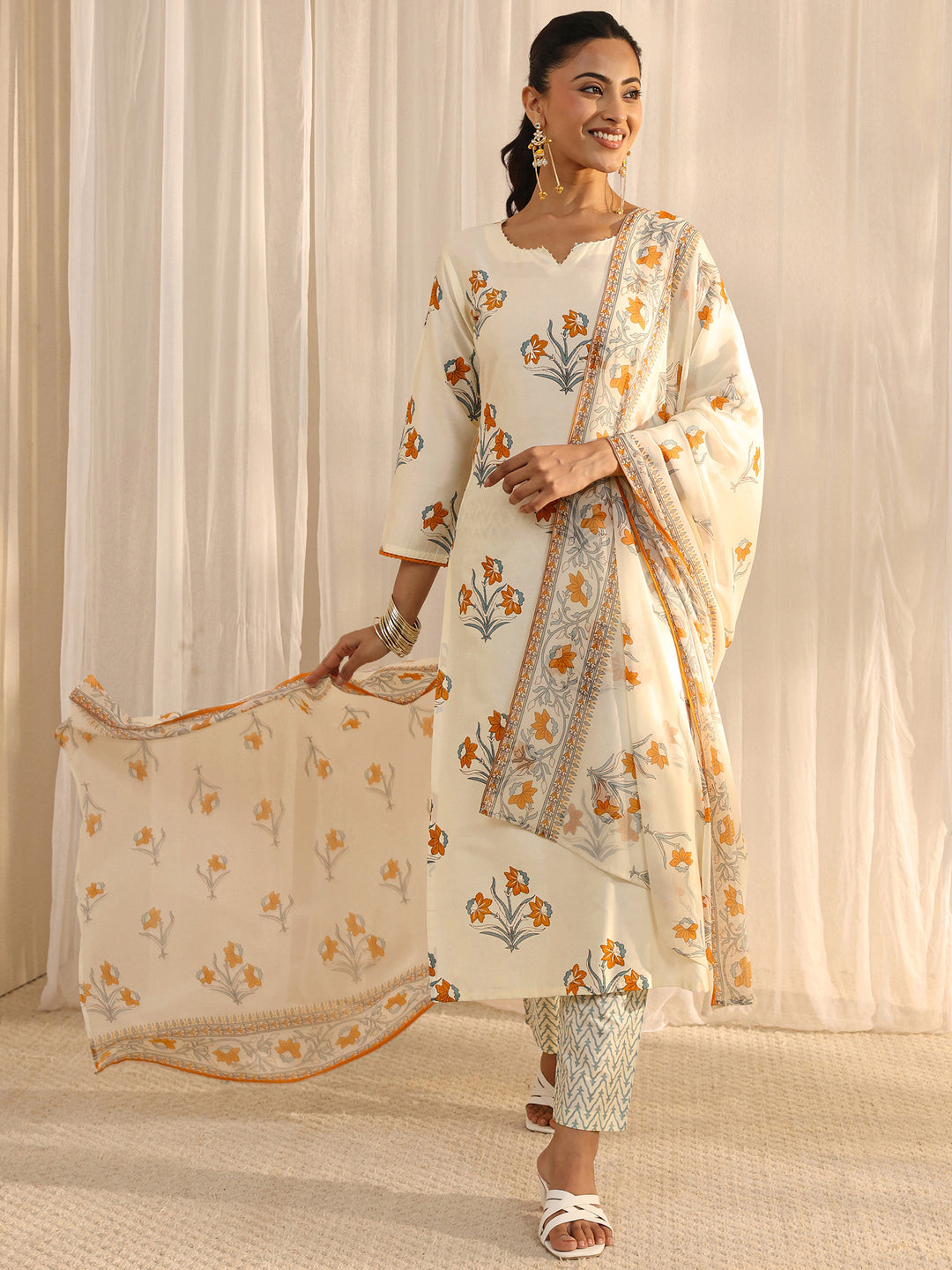 Off White Floral Printed Chanderi Silk Straight Suit Set With Dupatta