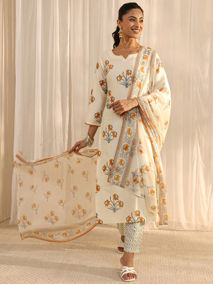 Off White Floral Printed Chanderi Silk Straight Suit Set With Dupatta