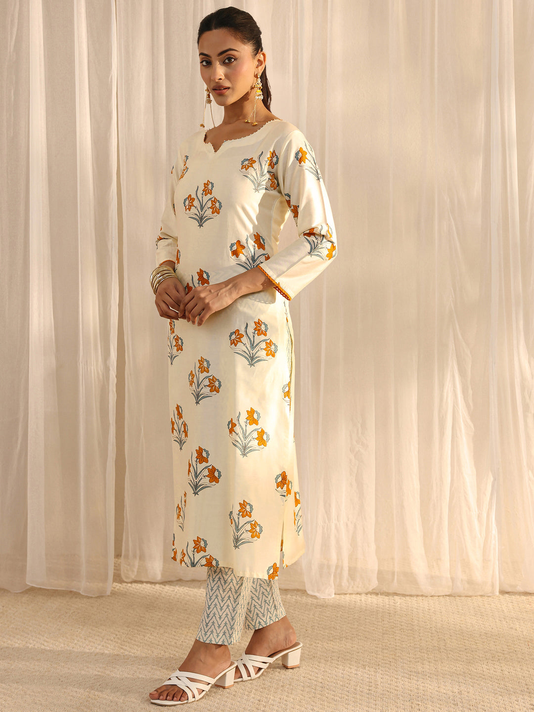 Off White Floral Printed Chanderi Silk Straight Suit Set With Dupatta