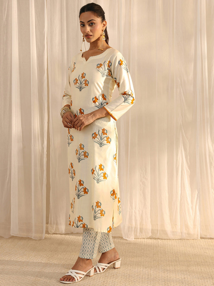 Off White Floral Printed Chanderi Silk Straight Suit Set With Dupatta