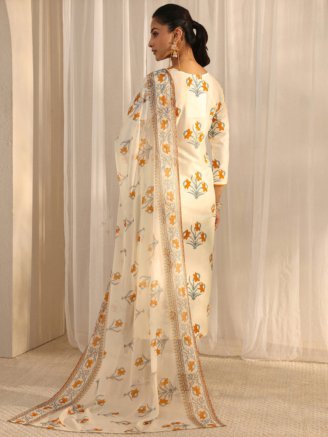 Off White Floral Printed Chanderi Silk Straight Suit Set With Dupatta