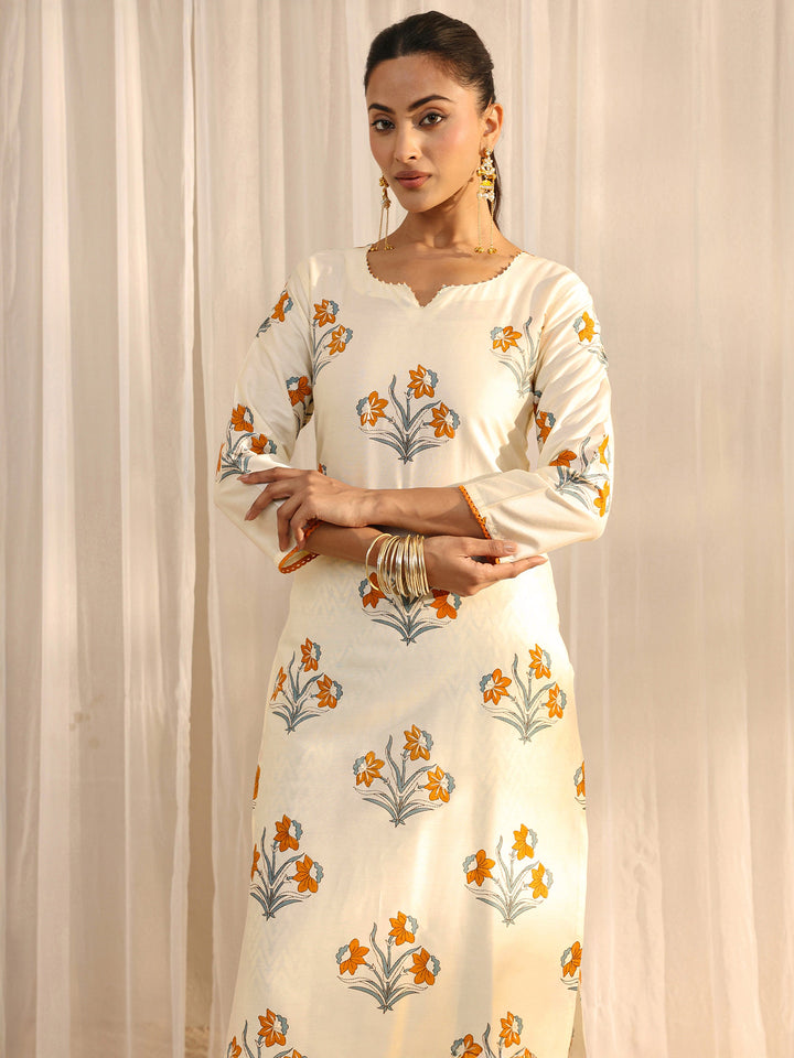 Off White Floral Printed Chanderi Silk Straight Suit Set With Dupatta