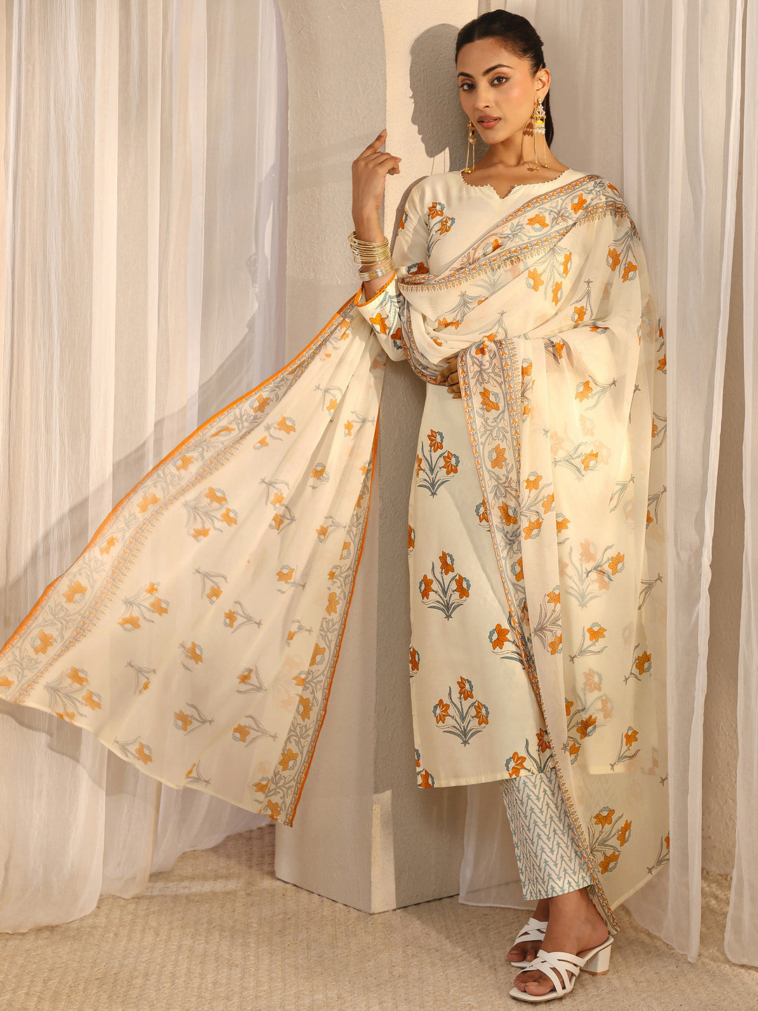 Off White Floral Printed Chanderi Silk Straight Suit Set With Dupatta