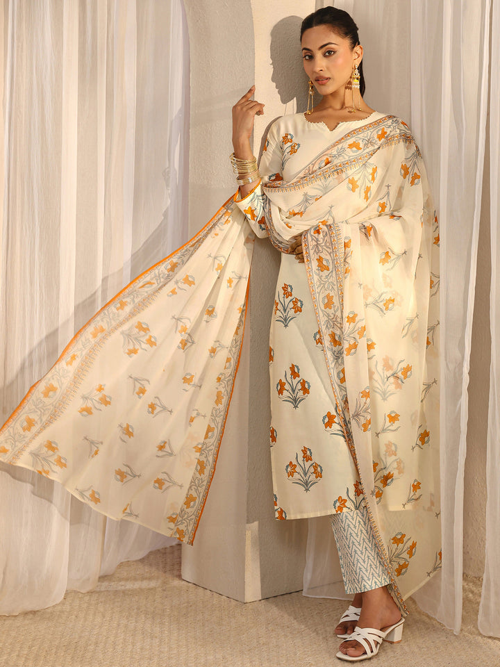 Off White Floral Printed Chanderi Silk Straight Suit Set With Dupatta