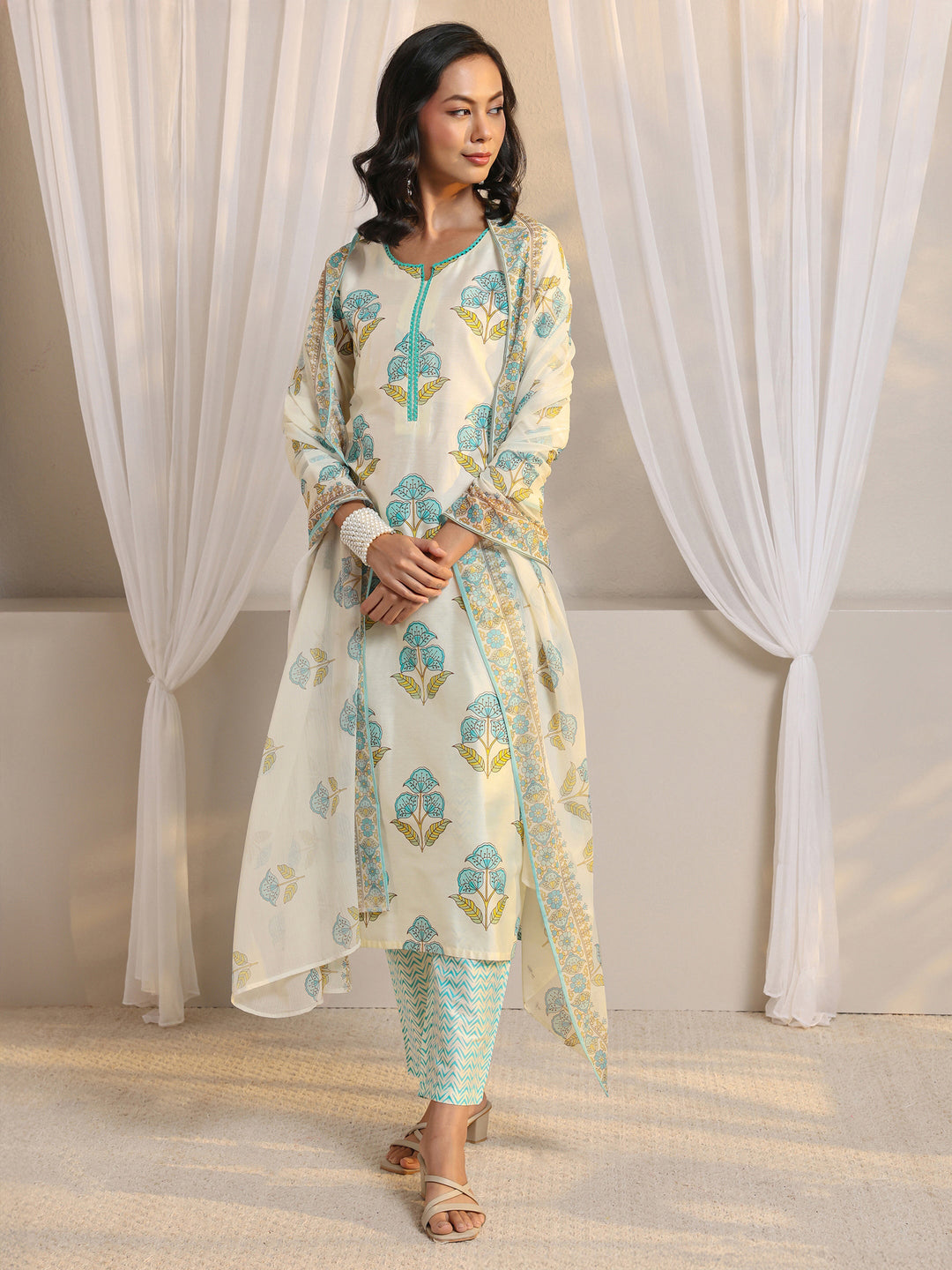 Off White Floral Printed Chanderi Silk Straight Suit Set With Dupatta