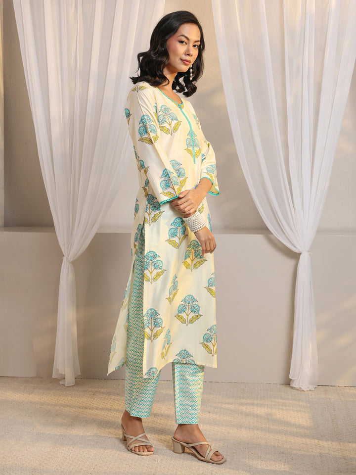 Off White Floral Printed Chanderi Silk Straight Suit Set With Dupatta