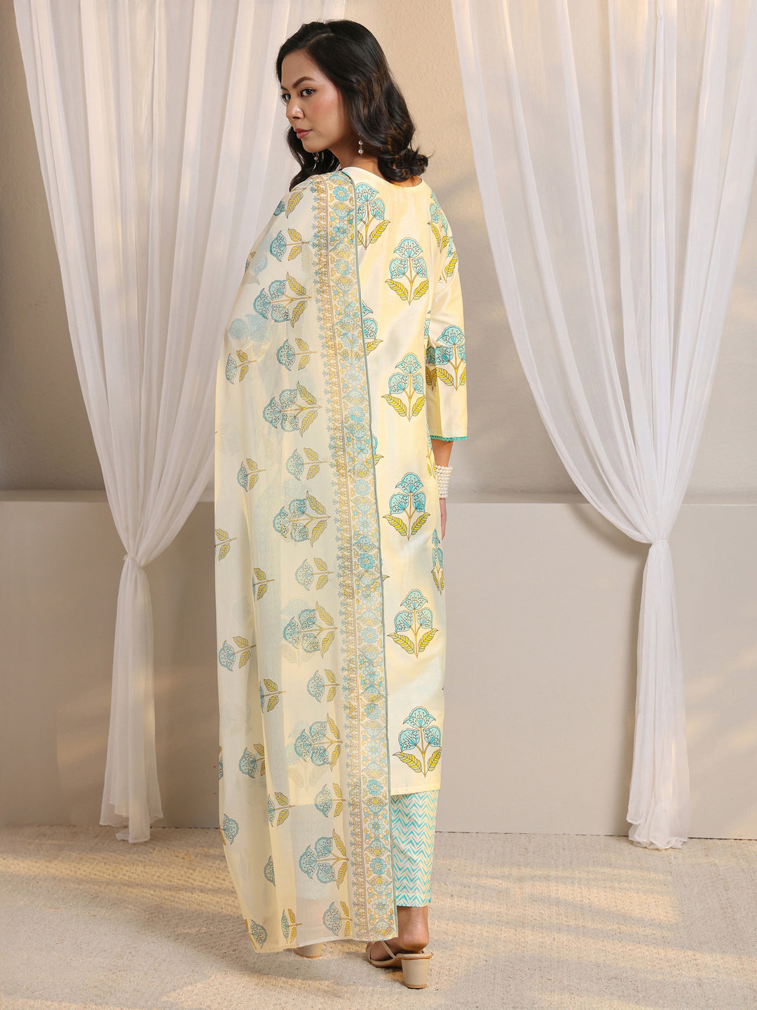 Off White Floral Printed Chanderi Silk Straight Suit Set With Dupatta
