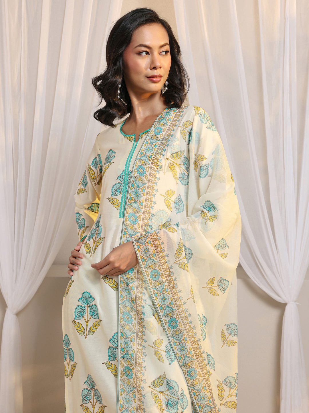 Off White Floral Printed Chanderi Silk Straight Suit Set With Dupatta