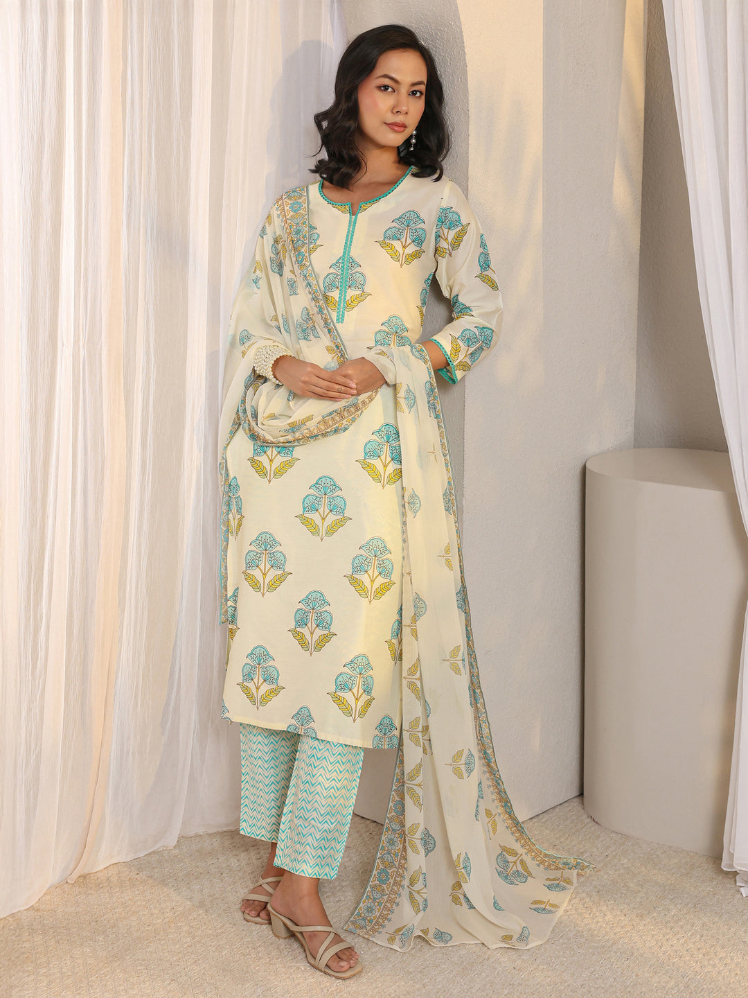 Off White Floral Printed Chanderi Silk Straight Suit Set With Dupatta
