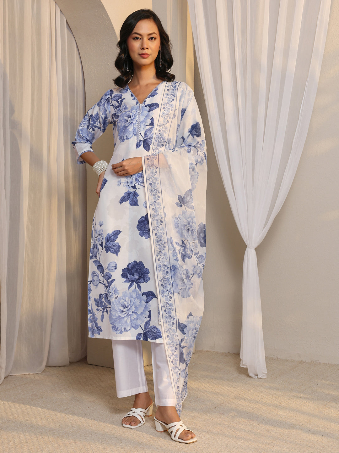 White Floral Printed Chanderi Silk Straight Suit Set With Dupatta