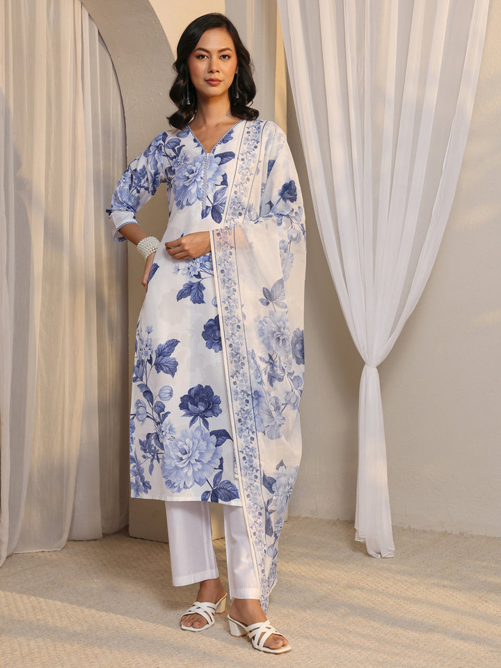 White Floral Printed Chanderi Silk Straight Suit Set With Dupatta
