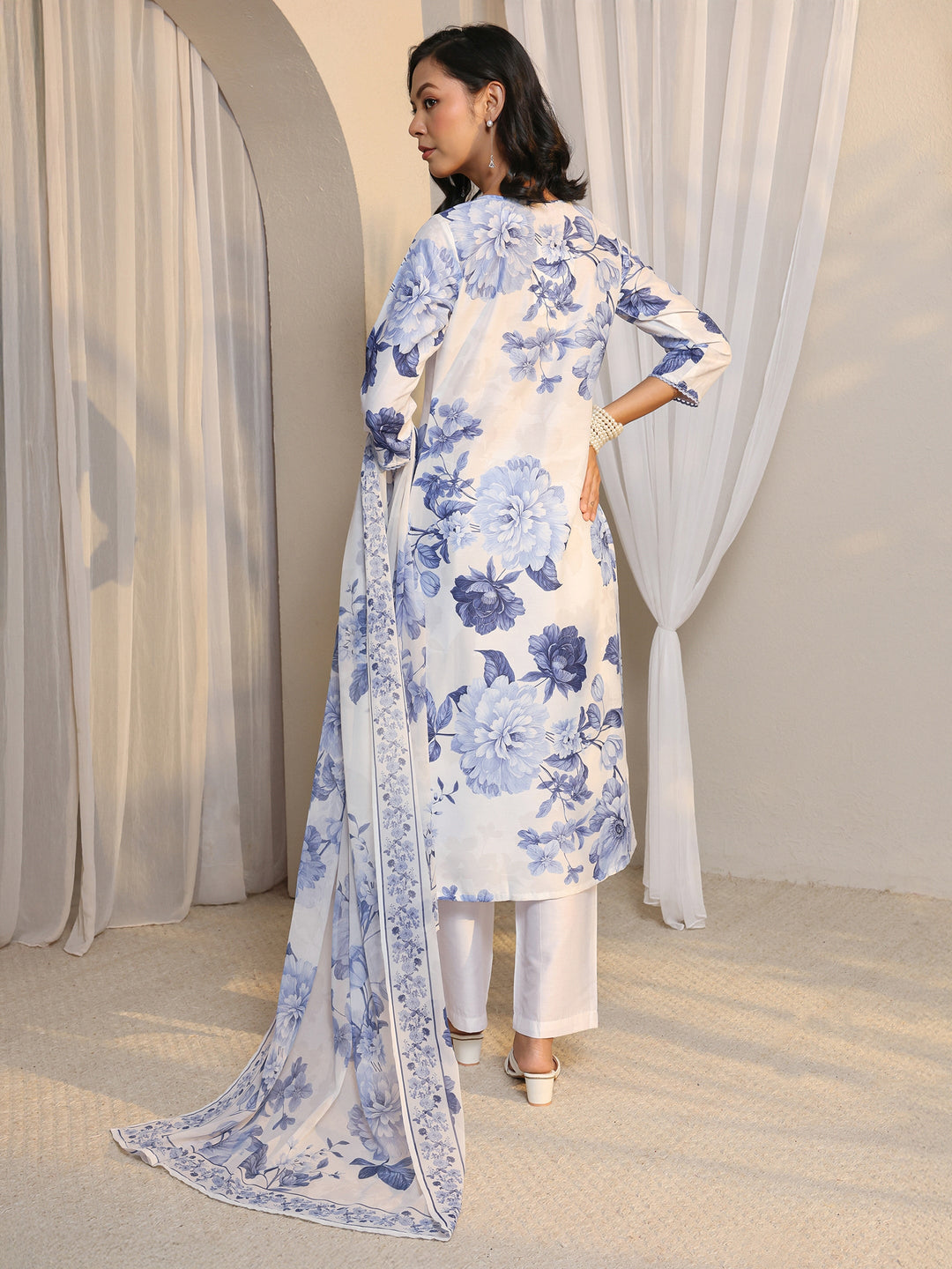 White Floral Printed Chanderi Silk Straight Suit Set With Dupatta