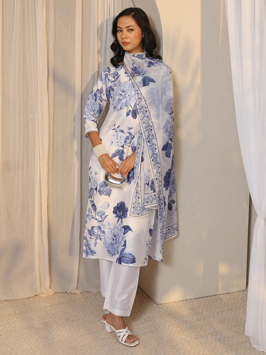 White Floral Printed Chanderi Silk Straight Suit Set With Dupatta