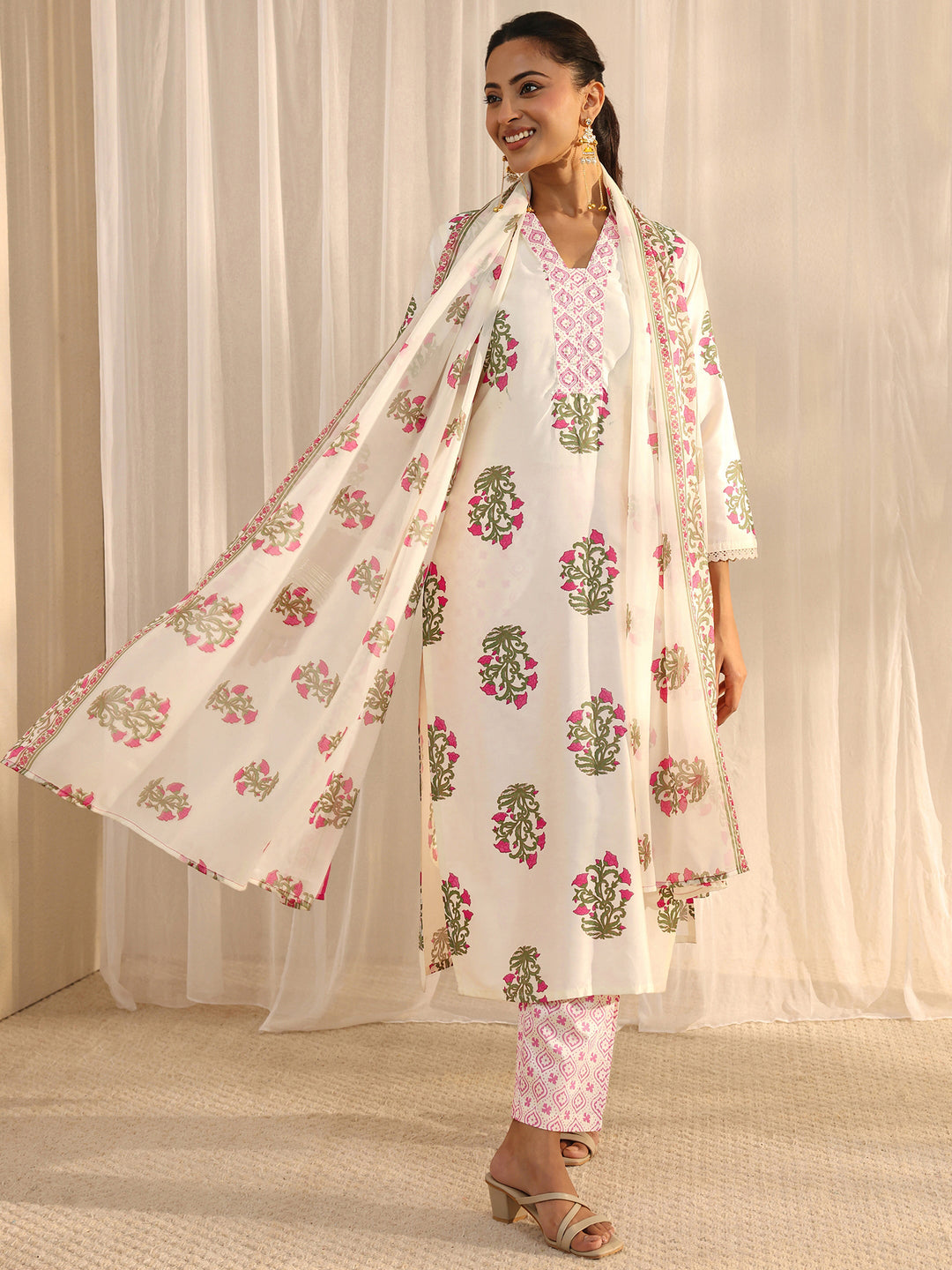 Off White Floral Printed Chanderi Silk Straight Suit Set With Dupatta