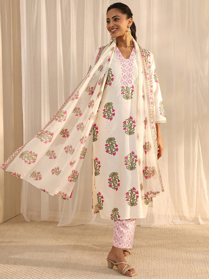 Off White Floral Printed Chanderi Silk Straight Suit Set With Dupatta