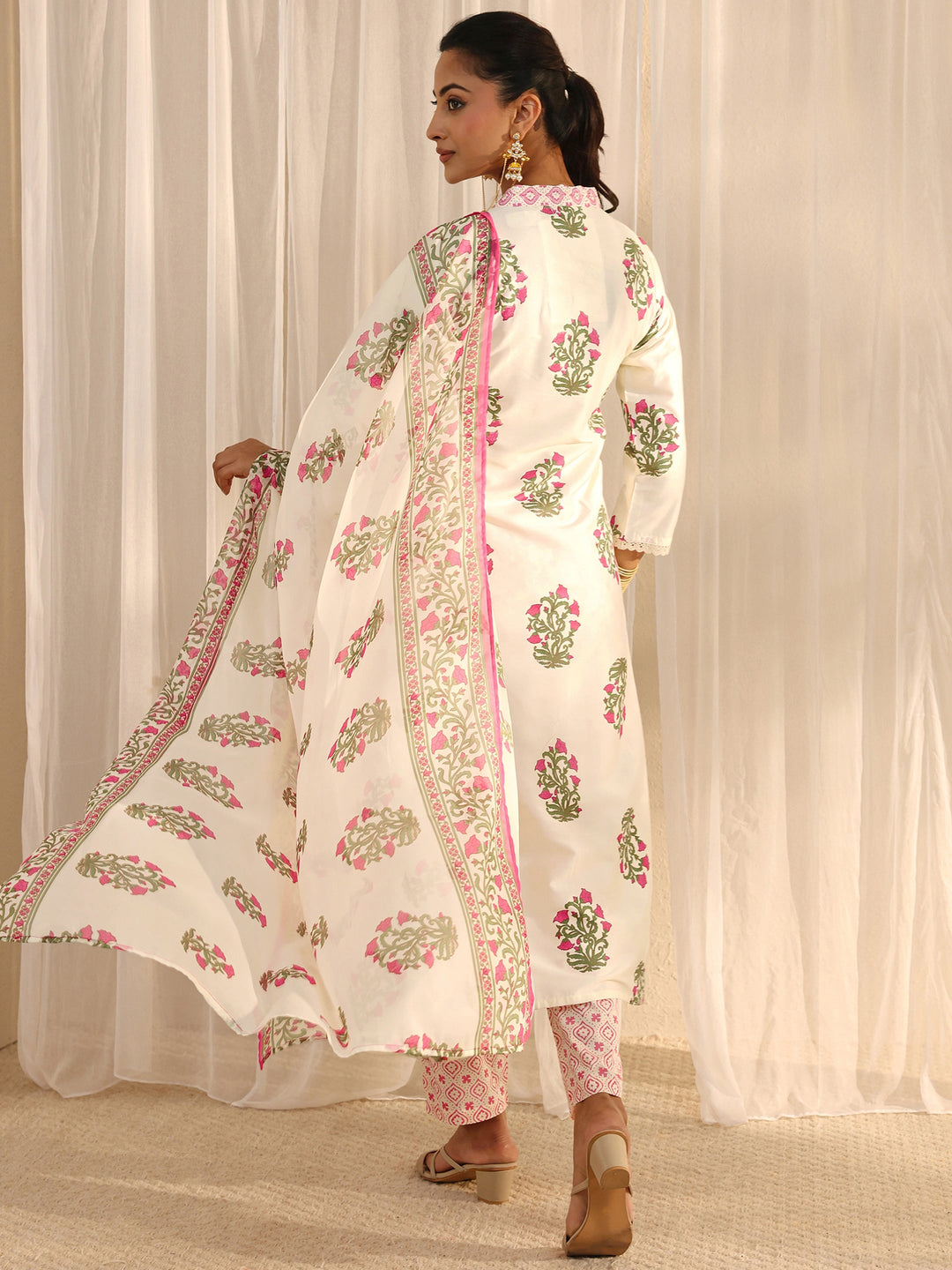 Off White Floral Printed Chanderi Silk Straight Suit Set With Dupatta