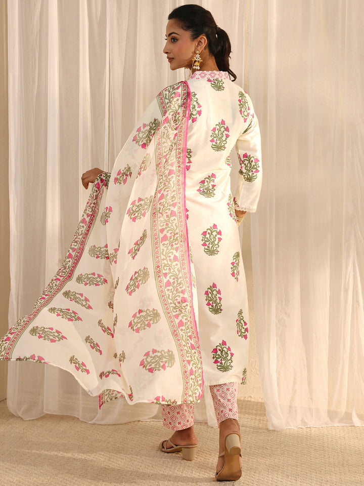 Off White Floral Printed Chanderi Silk Straight Suit Set With Dupatta