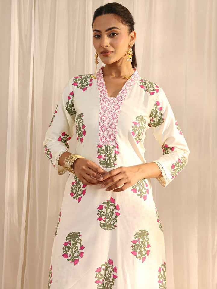Off White Floral Printed Chanderi Silk Straight Suit Set With Dupatta
