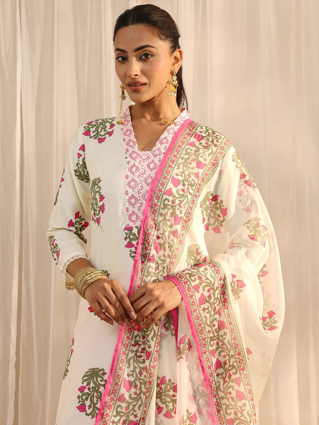 Off White Floral Printed Chanderi Silk Straight Suit Set With Dupatta