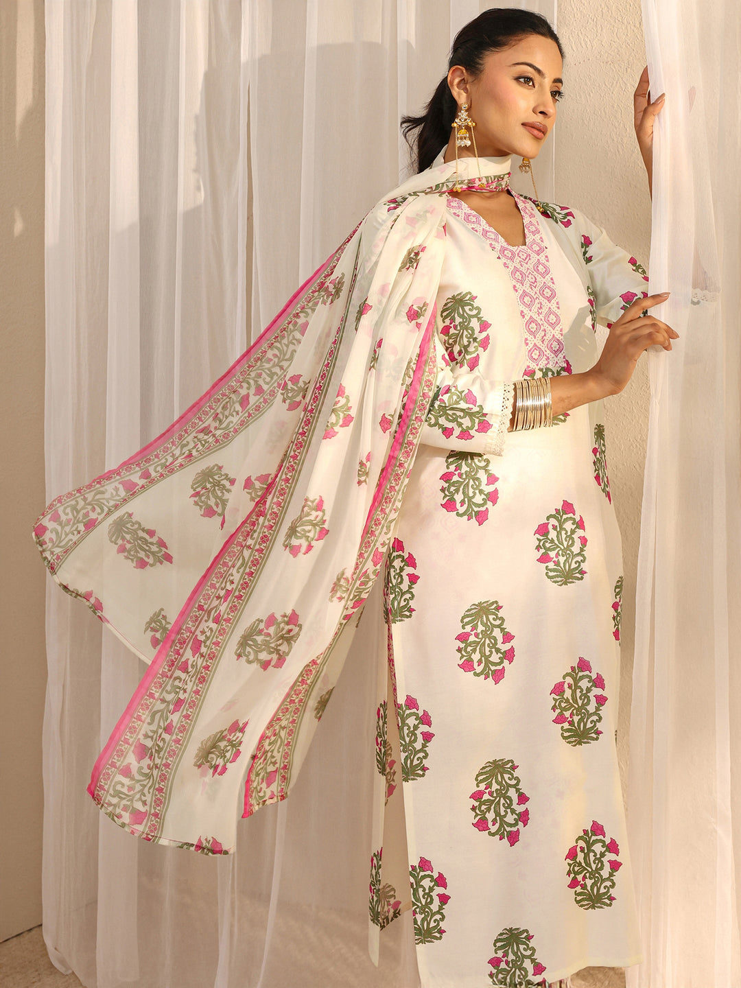 Off White Floral Printed Chanderi Silk Straight Suit Set With Dupatta