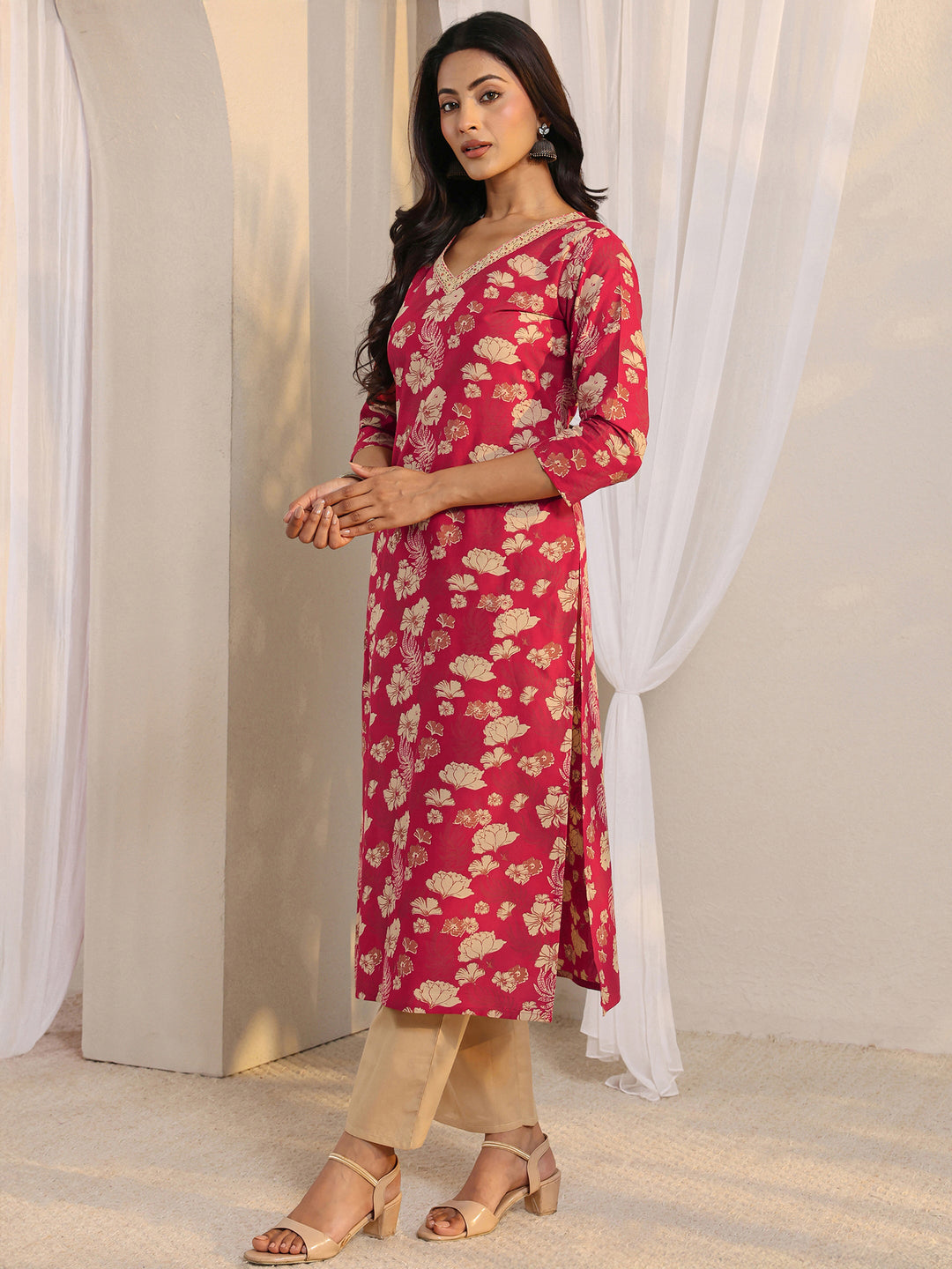 Pink Floral Printed Cotton Straight Suit Set With Dupatta