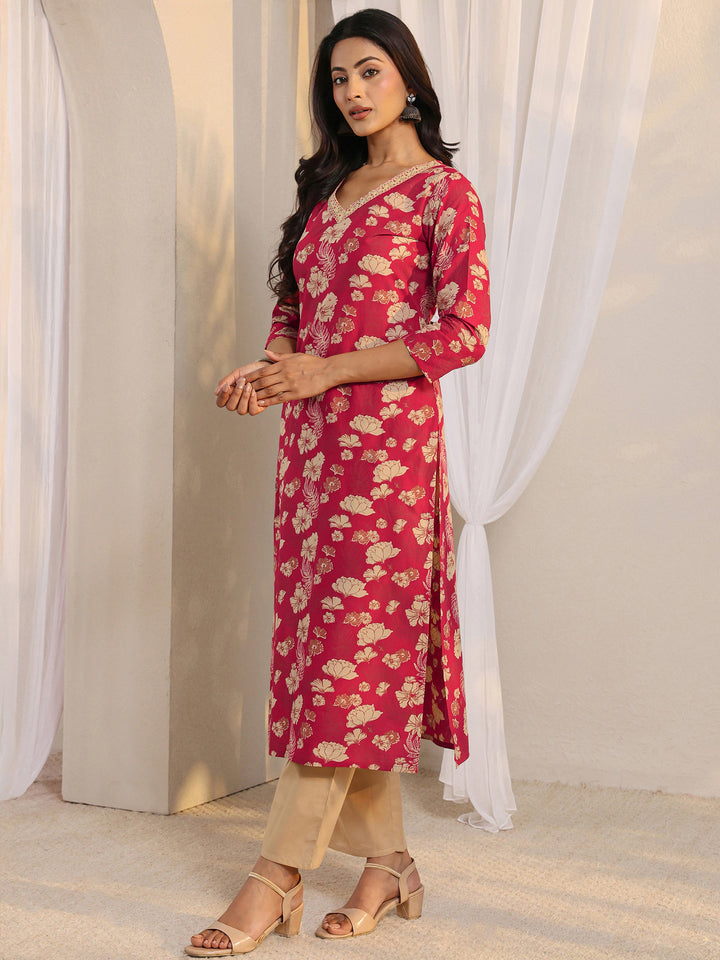 Pink Floral Printed Cotton Straight Suit Set With Dupatta