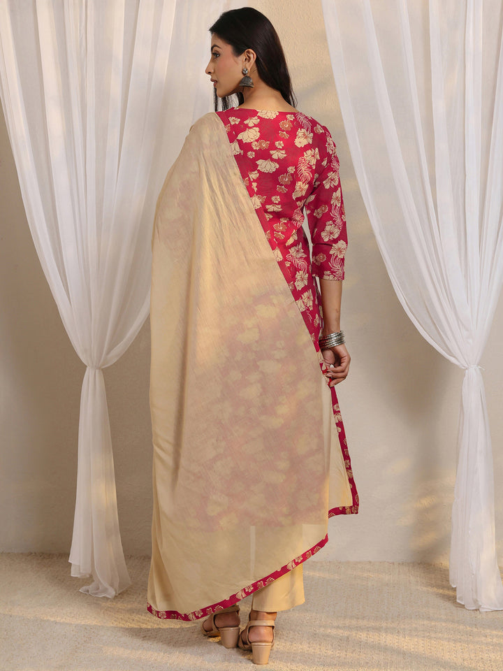 Pink Floral Printed Cotton Straight Suit Set With Dupatta