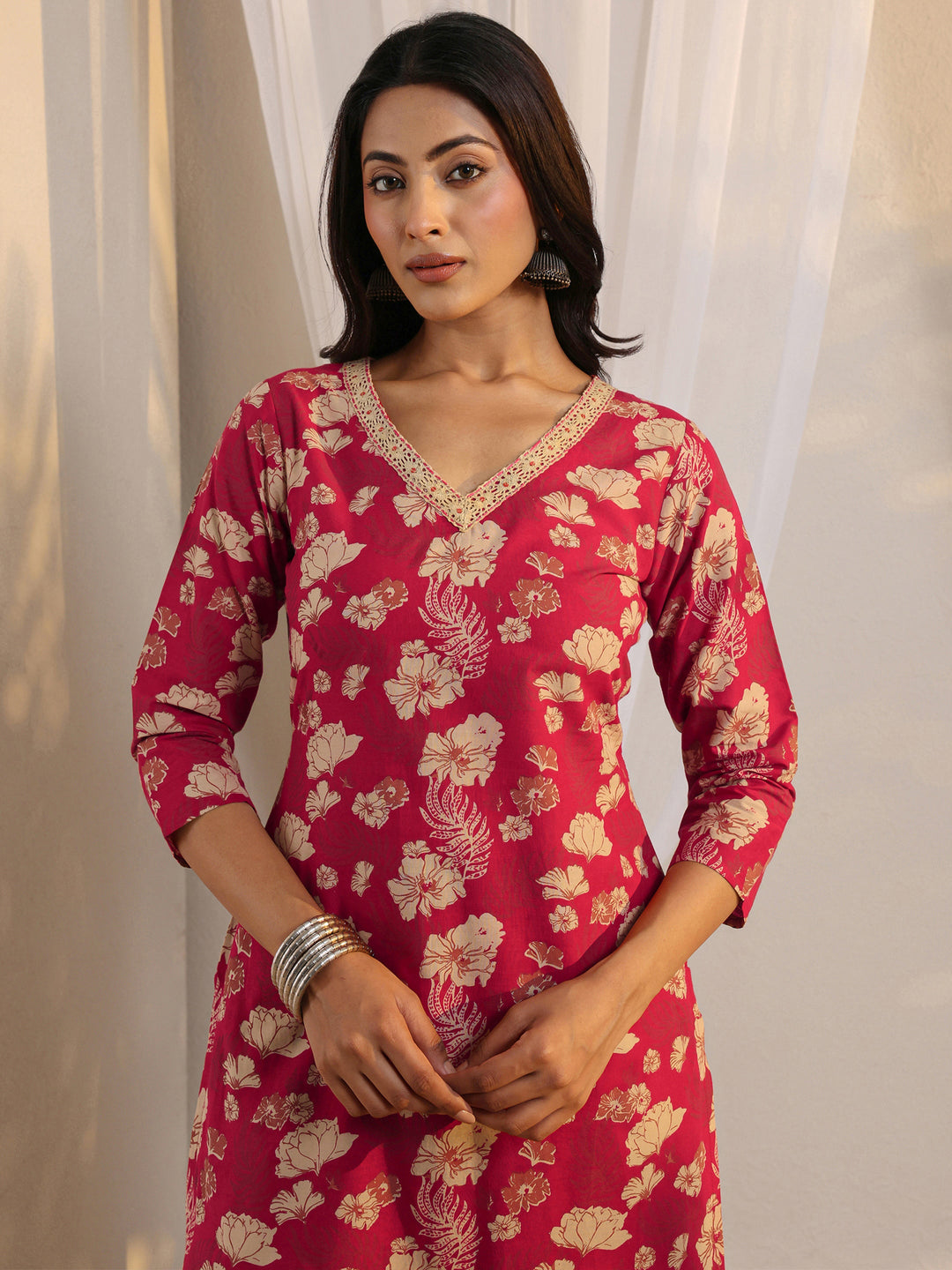 Pink Floral Printed Cotton Straight Suit Set With Dupatta