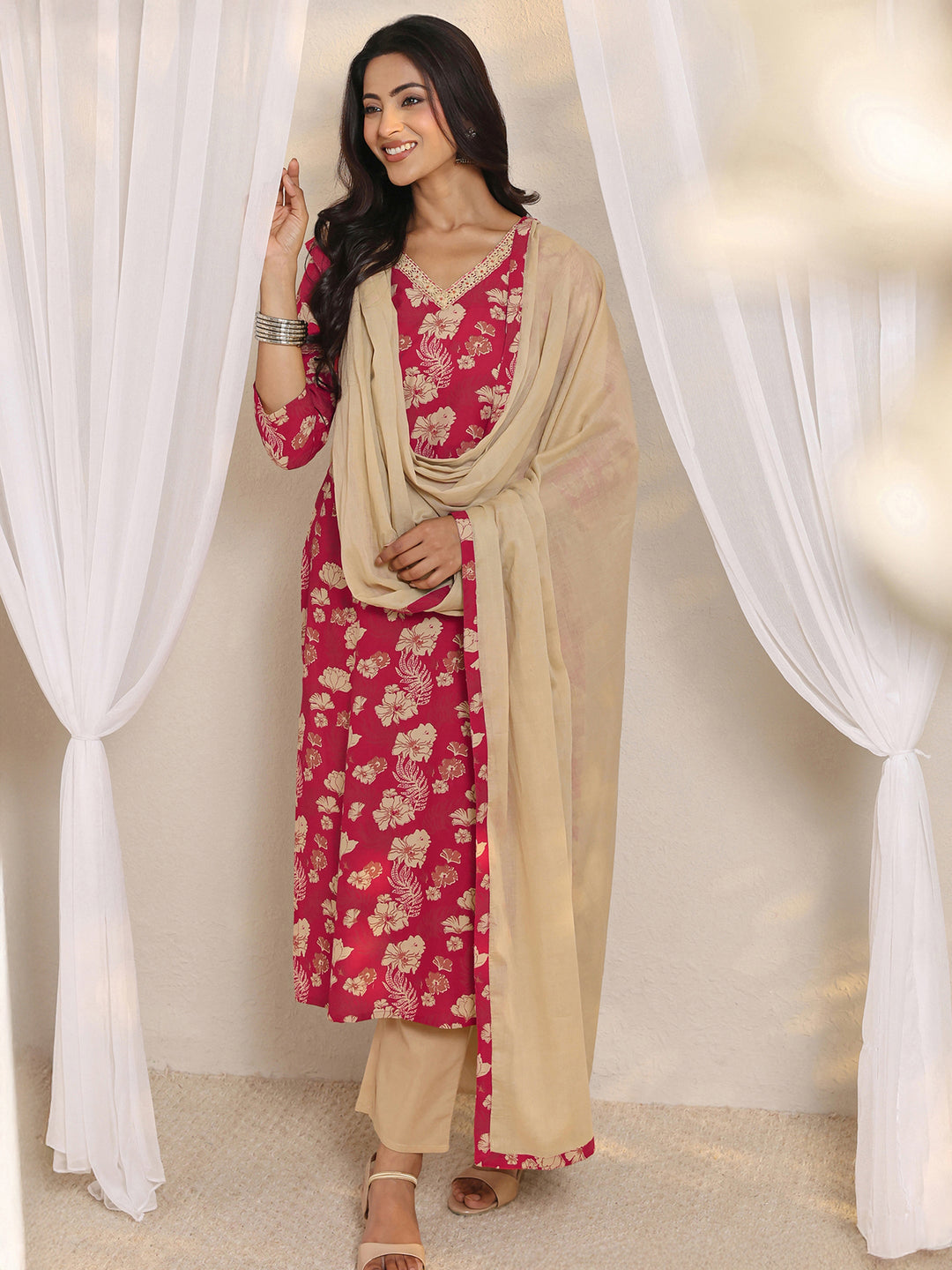 Pink Floral Printed Cotton Straight Suit Set With Dupatta