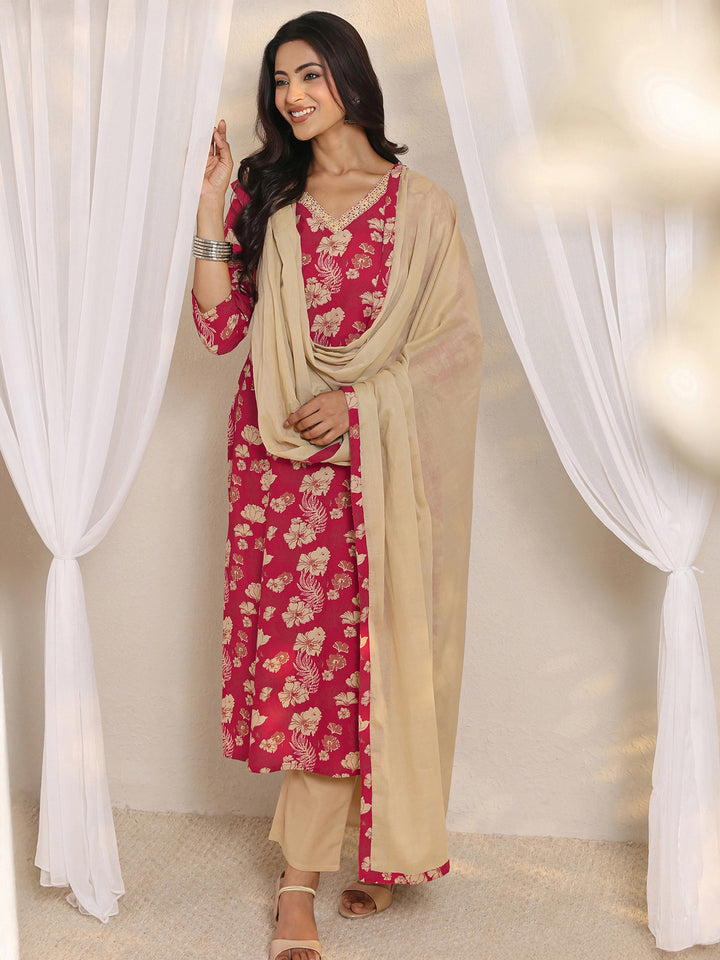 Pink Floral Printed Cotton Straight Suit Set With Dupatta