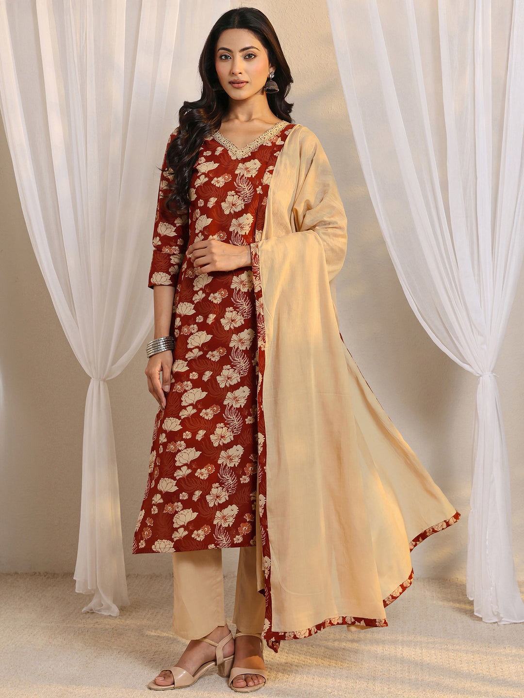 Rust Floral Printed Cotton Straight Suit Set With Dupatta